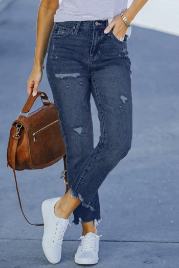 autumn new stylish 2 colors high-waist slight stretch denim hole plus size casual jeans