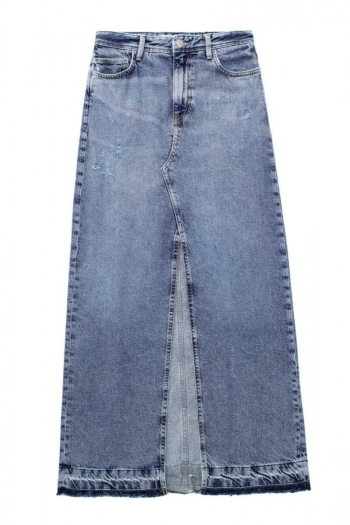 xs-l non-stretch slit zip-up pocket high waist fashion denim midi skirt
