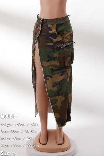 Sexy plus size non-stretch camo printing high slit pocket cargo maxi skirt