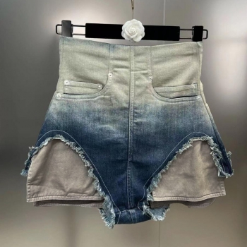 sexy slight stretch denim gradient color high-waist zip-up shorts