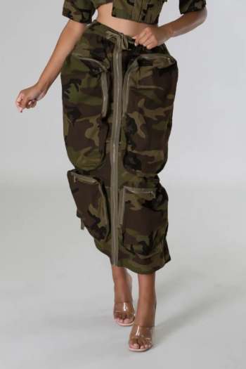 stylish plus size non-stretch camo print pocket drawstring zip-up midi skirt