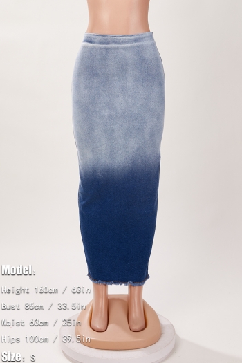stylish non-stretch zip-up slit gradient color high waist maxi denim skirt