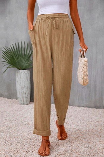 casual non-stretch solid color high-waist drawstring pants