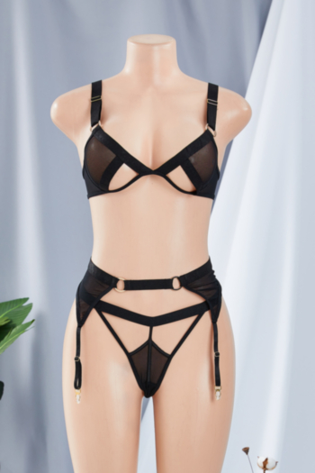 Sexy stylish black hollow garter design 3 pc set lingerie