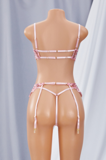 Pink flowers embroidered sling lace mesh see through sexy three-piece set lingerie