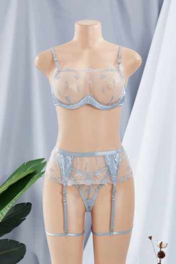 Summer new style lace mesh see through sling embroidered garter sexy three-piece set lingerie (with steel ring)