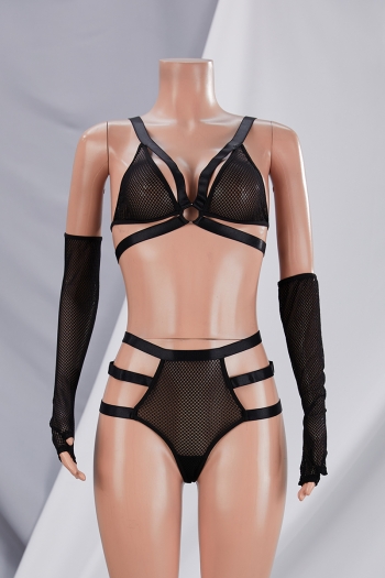 Sexy lingerie new solid color fishnet cutout ring connected with a pair of thumb hole gloves two-piece set