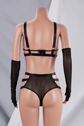 Sexy lingerie new solid color fishnet cutout ring connected with a pair of thumb hole gloves two-piece set