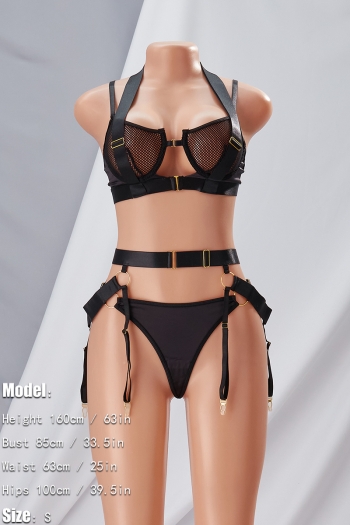 Sexy lingerie new solid color sling mesh ajustable button garter design sexy three-piece set(with underwire)