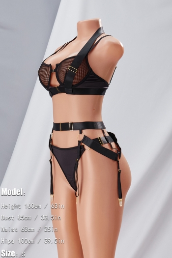 Sexy lingerie new solid color sling mesh ajustable button garter design sexy three-piece set(with underwire)