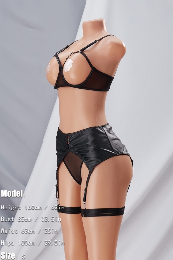 Sexy lingerie new solid color sling mesh stitching pu metal chain garter design sexy three-piece set(with underwire & leg ring)