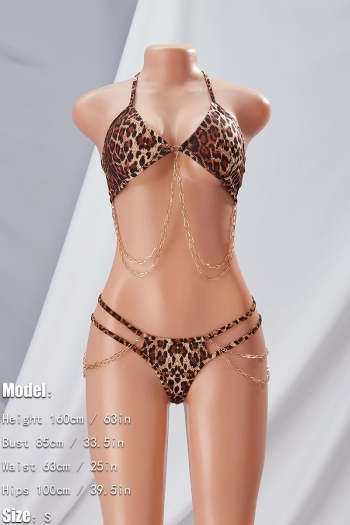 Summer new leopard printing stretch halter-neck self-tie metallic chain ring connected two-piece set sexy lingerie