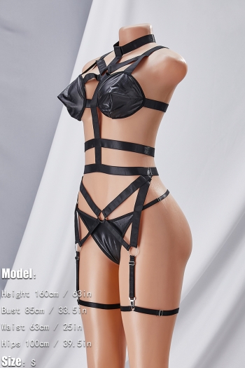 Sexy lingerie new solid color pu cutout halter-neck garter design sling sexy two-piece set(with underwire & leg ring)