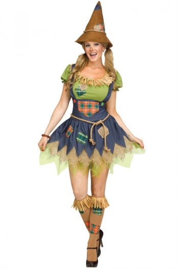 halloween new mesh patchwork scarecrow witch cosplay high quality costume(with hat&waist rope,foot cover)