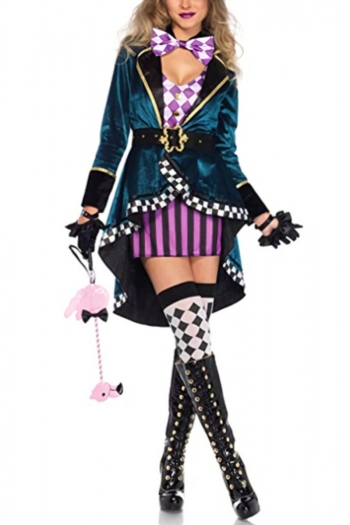 m-xl halloween new checked printing patchwork suit cosplay magician nightclub circus stage performance costume(with hat & necktie & gloves & belt,without cane & stockings)