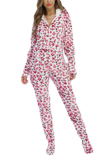 plus size stretch flannel leopard with zipper foot cover jumpsuit loungewear