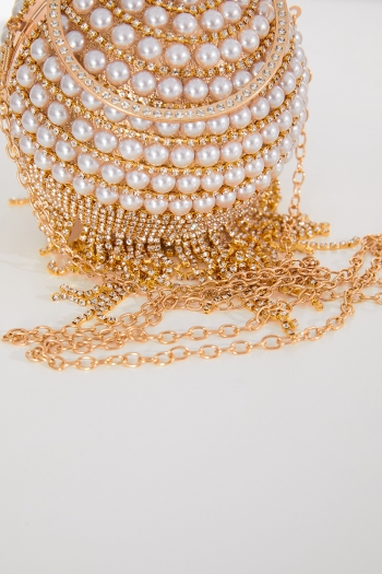 Three color round metal chain rhinestone pearl tassel hand crossbody clutches bag