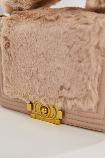  PU leather four color metal chain lock button crossbody furry handbag