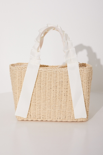 Two color simple drawstring casual beach vacation straw bag