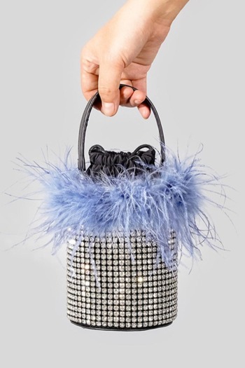 stylish new 4 colors feather rhinestone decor drawstring bucket shape handbag