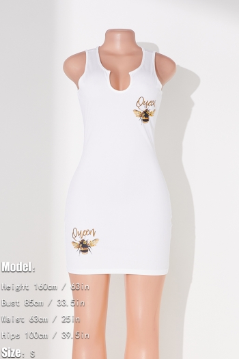 Plus size sexy slight stretch bee printing sleeveless mini dress