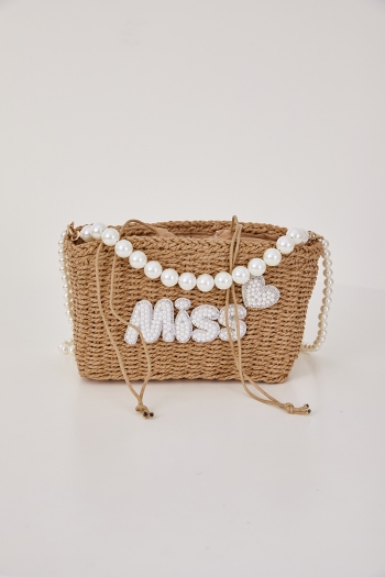 Stylish new pearl rhinestone decor drawstring beach straw shoulder handbag