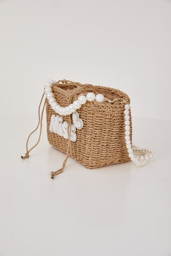 Stylish new pearl rhinestone decor drawstring beach straw shoulder handbag