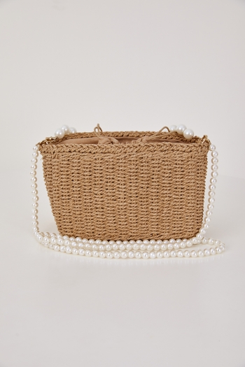Stylish new pearl rhinestone decor drawstring beach straw shoulder handbag