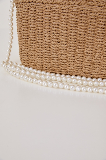 Stylish new pearl rhinestone decor drawstring beach straw shoulder handbag