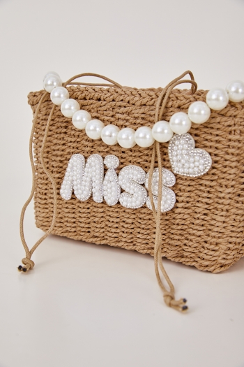 Stylish new pearl rhinestone decor drawstring beach straw shoulder handbag