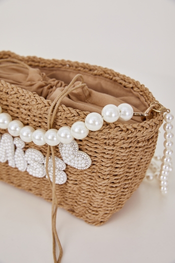 Stylish new pearl rhinestone decor drawstring beach straw shoulder handbag