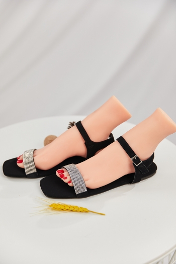 Summer rhinestone decor peep toe adjustable buckle stylish minimalist flat sandals