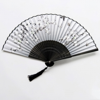 one pc new pear flower bamboo bones openwork engraving folding tassel decor silk fan(length:21*38cm)