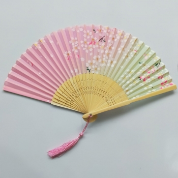 one pc new little sakura bamboo bones openwork engraving folding tassel decor silk fan(length:21*38cm)