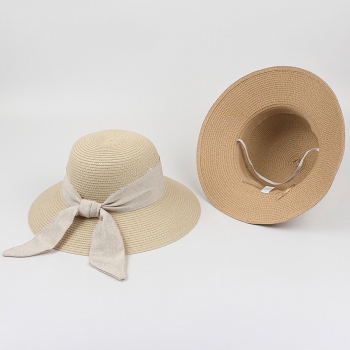 One pc summer elegant solid color bowknot design weave casual vacation style seaside beach adjustable straw hat 56-58cm