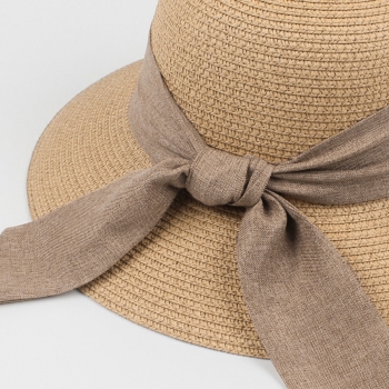 One pc summer elegant solid color bowknot design weave casual vacation style seaside beach adjustable straw hat 56-58cm