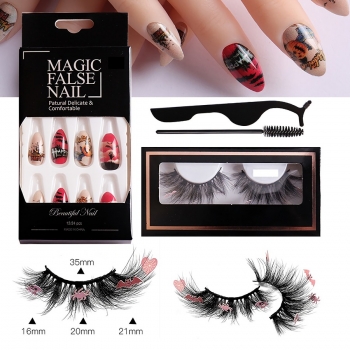 halloween one pair new real mink lashes & twenty four pcs fake nails sets (length:20 mm) (with brush & tweezers & nail file)