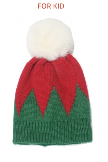 one pc for kid christmas fur ball contrast color knitted beanie 50-52cm