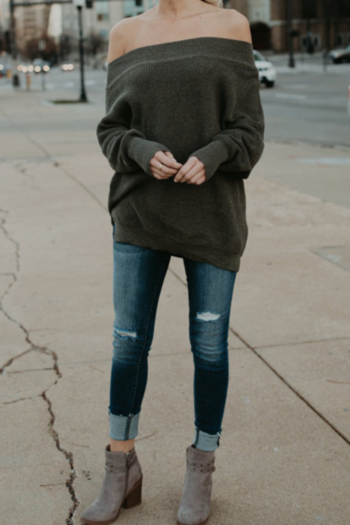  Sexy Solid Color One Word Collar Sweater