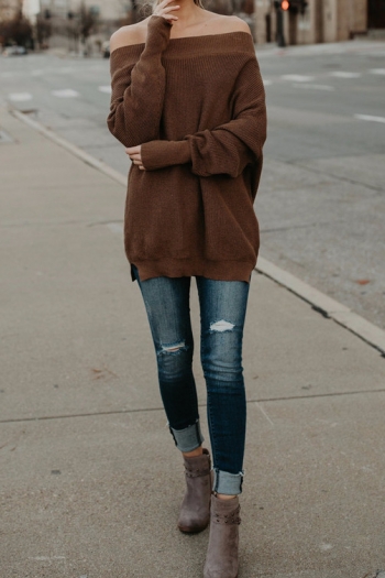  Sexy Solid Color One Word Collar Sweater