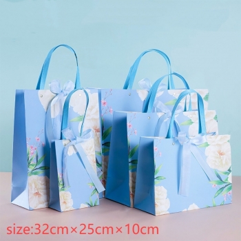 fifty pcs new rivet vertical section blue dai peony ribbon two-color bow birthday or companion wedding art post paperboard gift bag (size:32cm×25cm×10cm)
