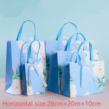 fifty pcs new rivet horizontal section blue dai peony ribbon two-color bow birthday or companion wedding art post paperboard gift bag (size:28cm×20m×10cm)