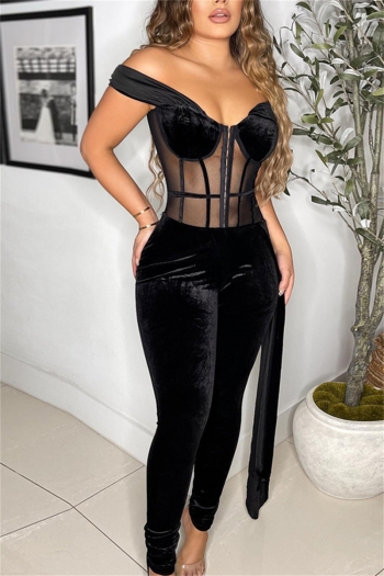 autumn new stylish mesh velvet patchwork see-through stretch single-breasted short-sleeved slim sexy jumpsuit