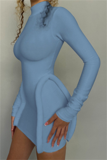 Early autumn solid color long sleeves half high collar tight mini dress