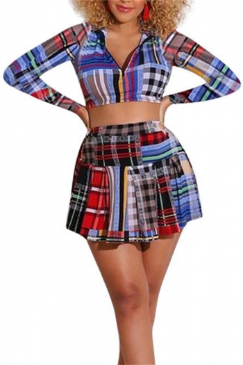 Plus size early autumn zip-up lattice batch printing long sleeve pleated skirt stretch two-piece set