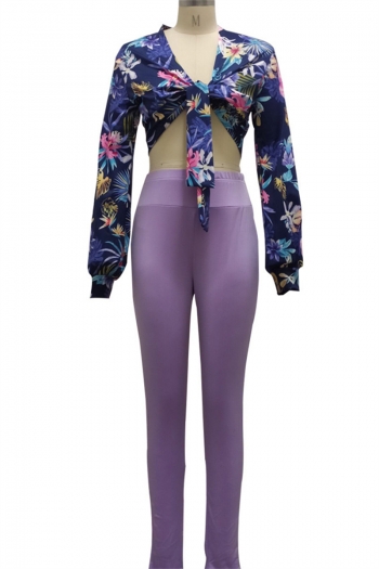 Autumn flowers batch printing top with purple tight pants micro elastic lace-up two-piece set