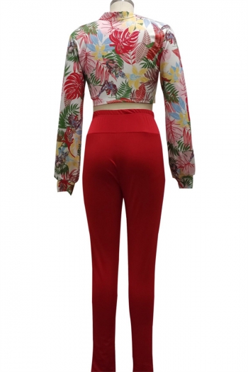 Autumn batch printing top with red tight pants micro elastic lace-up two-piece set
