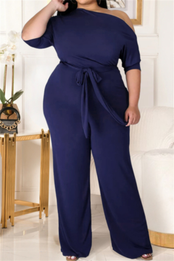Plus size solid color 7 colors oblique shoulder simple wide-leg jumpsuit (with belt) (New add colors)