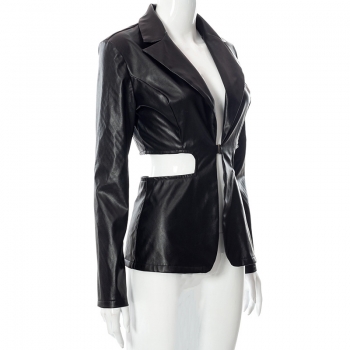 Autumn new stylish solid color PU hollow backless micro elastic sexy jacket