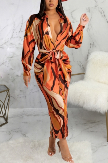 spring new stylish single-breasted pleated batch printing plus size stretch belt casual maxi dress
